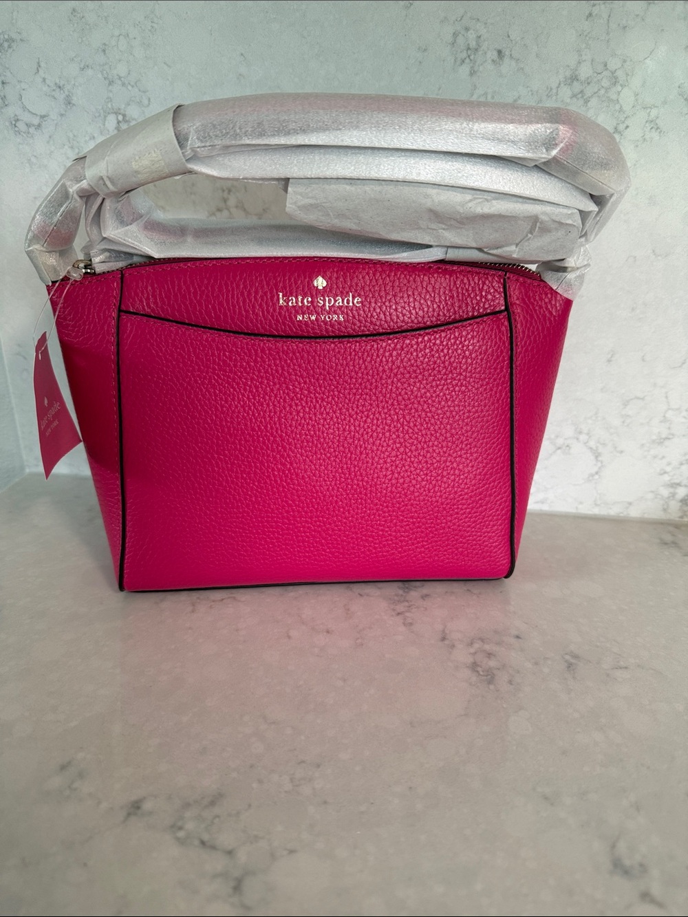 kate spade Pink Pebbled Leather Satchel with Black Trim